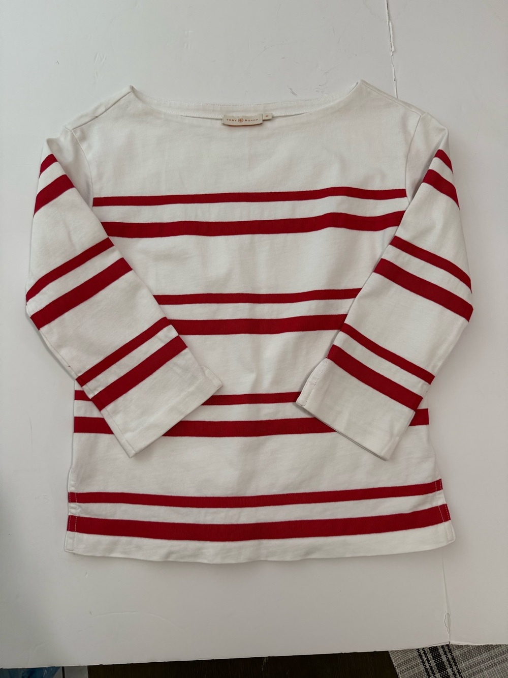 Tory Burch White Tee with Red Stripes, Bote Neck